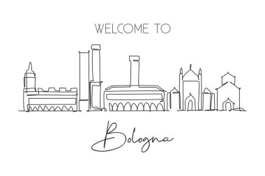 İtalya 'nın Bologna şehrinin siluetinin aralıksız çizimleri. Güzel bir gökdelen. Dünya peyzaj turizmi seyahat, duvar dekorasyonu konsepti. Tek çizgi çizimi tasarım vektörü illüstrasyonu