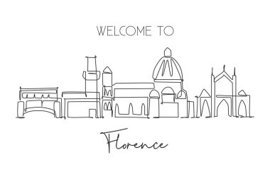 İtalya 'nın Floransa şehrinin siluetinin tek bir çizgisi. Dünyanın tarihi gökdelen manzarası. En iyi tatil yeri duvar dekorasyonu posteri. Moda sürekli çizgi çizimi tasarım vektörü illüstrasyonu