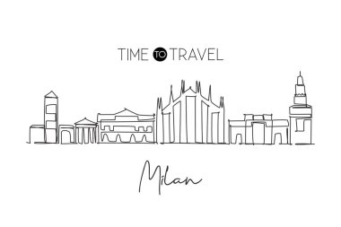 İtalya 'nın Milano şehrinin siluetinin aralıksız bir çizimi. Güzel bir gökdelen. Dünya peyzaj turizmi seyahat duvar dekoru poster konsepti. Tek çizgi çizimi tasarım vektörü illüstrasyonu