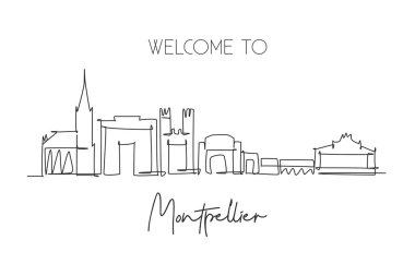 Montpellier City Skyline, Fransa 'nın kesintisiz tek bir çizgisi. Ünlü gökdelen manzarası. Dünya seyahati duvar dekorasyonu poster sanat konsepti. Modern bir çizgi çizimi tasarım vektörü çizimi