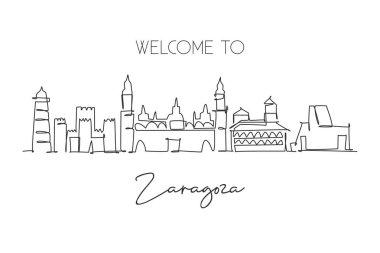 One continuous line drawing Zaragoza city skyline Spain. Beautiful skyscraper postcard. World landscape tourism travel vacation wall decor poster concept. Single line draw design vector illustration clipart