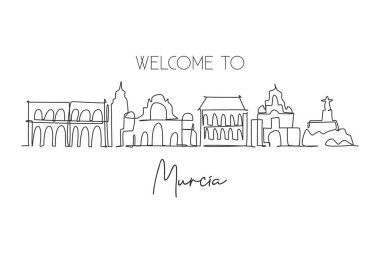 Tek bir çizgi Murcia şehrinin siluetini İspanya 'ya çekiyor. Dünya kartpostalında tarihi gökdelen manzarası. En iyi tatil yeri duvar dekorasyonu posteri. Moda sürekli çizgi çizimi tasarım vektörü illüstrasyonu
