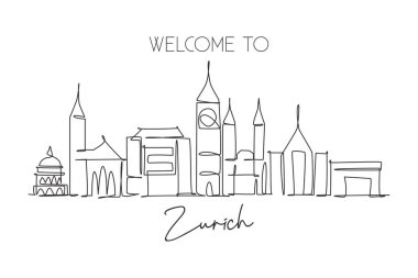 One continuous line drawing of Zurich city skyline, Switzerland. Beautiful skyscraper. World landscape tourism travel home wall decor poster print. Stylish single line draw design vector illustration clipart