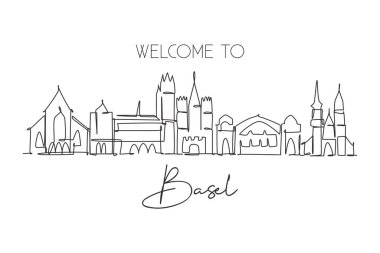 İsviçre 'de Basel şehrinin siluetinin tek bir çizgisi. Dünyanın tarihi gökdelen manzarası. En iyi tatil yeri duvar dekoru. Moda sürekli çizgi çizimi tasarım vektörü illüstrasyonu
