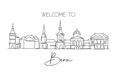 One continuous line drawing of Bern city skyline, Switzerland. Beautiful city skyscraper postcard. World landscape tourism travel wall decor poster. Stylish single line draw design vector illustration clipart
