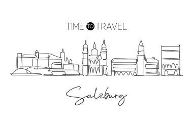 Avusturya 'nın Salzburg şehrinin siluetinin kesintisiz bir çizimi. Güzel dönüm noktası. Dünya turizmi ve seyahat tatili. Düzenlenebilir stil sanat vuruşu tek çizgi çizim tasarım vektörü illüstrasyonu