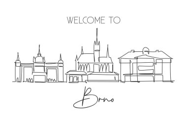Çek Cumhuriyeti 'nin Brno şehrinin siluetinin kesintisiz bir çizimi. Güzel dönüm noktası. Dünya peyzaj turizmi ev dekorasyonu poster baskısı yapıyor. Tek çizgi çizimi tasarım vektörü illüstrasyonu