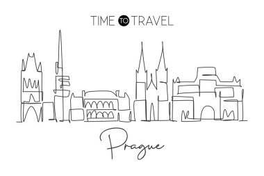 Prag şehrinin siluetinin tek bir çizimi, Çek Cumhuriyeti. Dünyanın tarihi şehir manzarası. En iyi tatil yeri duvar dekorasyonu posteri. Moda sürekli çizgi çizimi tasarım vektörü illüstrasyonu