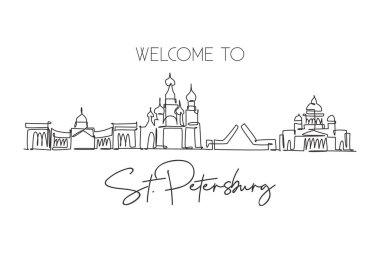 Rusya 'nın St. Petersburg şehrinin siluetinin aralıksız bir çizimi. Güzel dönüm noktası. Dünya turizmi ve seyahat tatili. Düzenlenebilir tek çizgi çizimi tasarım vektörü illüstrasyonuName