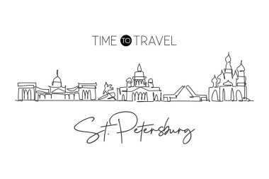 St. Petersburg şehrinin tek bir çizgisi silueti, Rusya. Dünyanın tarihi şehir manzarası. En iyi tatil yeri duvar dekorasyonu posteri. Moda sürekli çizgi çizimi tasarım vektörü illüstrasyonu