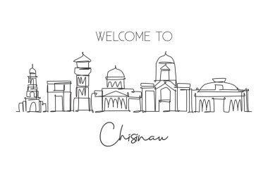 Moldova 'nın Chisinau şehrinin siluetinin sürekli tek bir çizgisi. Ünlü şehir kazıyıcısı ve manzarası. Dünya seyahati konsepti duvar dekorasyonu poster baskı sanatı. Modern bir çizgi çizimi tasarım vektörü çizimi