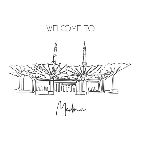 一个单一的线条画Masjid Nabawi地标 在麦地那 沙特阿拉伯著名的圣像 Hajj Umrah旅行墙壁装饰海报打印概念 现代连续线条绘图设计矢量插图 — 图库矢量图片