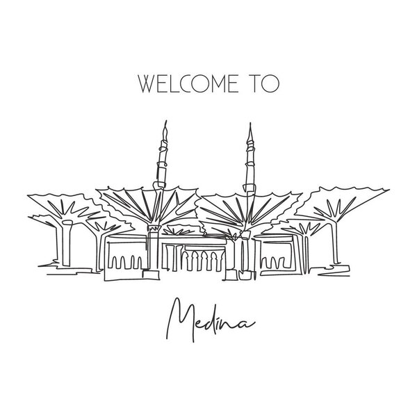 Одна линия, изображающая мечеть Аль-Набави. Знаменитая святая икона в Медине, Саудовская Аравия. Hajj umrah travel wall decor poster print concept. Современная векторная иллюстрация