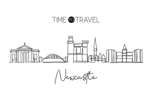 ニューカッスル市のスカイラインの単連続線画 世界的に有名な都市超高層ビルの風景 旅行キャンペーンの壁の装飾ホームアートポスターコンセプト モダンな1行の図面ベクトルのイラスト — ストックベクタ