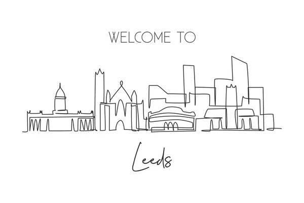 Leeds Şehrinin Siluetinin Aralıksız Tek Bir Çizgisi Ünlü Şehir Gökdelen — Stok Vektör