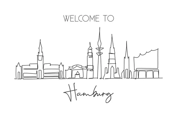 德国汉堡市天际线的一张连续的线条图 漂亮的摩天大楼 世界风景旅游墙面装饰招贴画印刷理念 时尚的单行绘图设计矢量插图 — 图库矢量图片