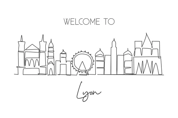 Dibujo Línea Continua Del Horizonte Ciudad Lyon Francia Hermoso Rascacielos — Vector de stock