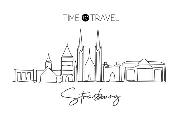 Единая сплошная линия горизонта Страсбурга, Франция. Знаменитый пейзаж небоскреба. Концепция художественного плаката, посвященного путешествиям по всему миру. Современная векторная иллюстрация