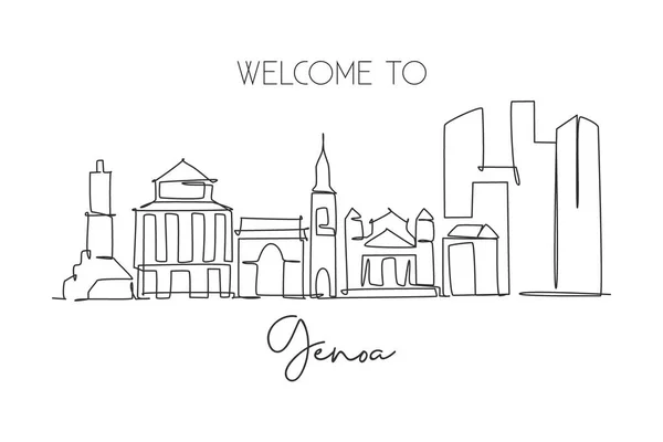 Una Línea Continua Dibujo Ciudad Génova Skyline Italia Hermoso Rascacielos — Vector de stock