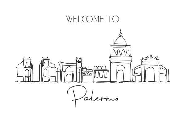 Una Línea Continua Dibujando Horizonte Palermo Italia Hermoso Rascacielos Paisaje — Vector de stock