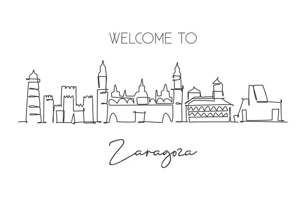 One Continuous Line Drawing Zaragoza City Skyline Spain Beautiful Skyscraper — Stock Vector