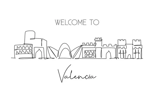 Один Непрерывный Контурный Рисунок Горизонта Города Валенсия Испания Знаменитый Небоскреб — стоковый вектор
