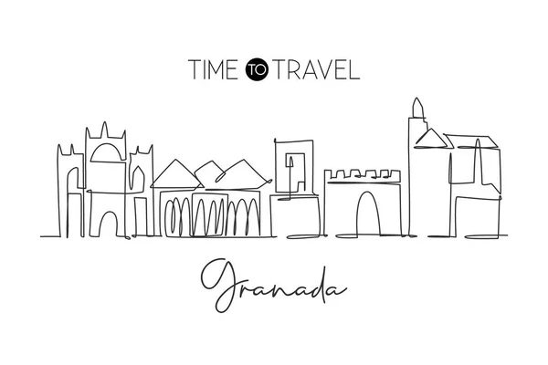 Een Enkele Lijn Tekening Van Granada Stad Skyline Spanje Historisch — Stockvector