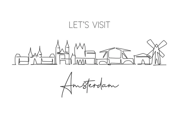 Один Рисунок Горизонта Амстердама Нидерланды Исторический Ландшафт Небоскреба Мире Лучший — стоковый вектор