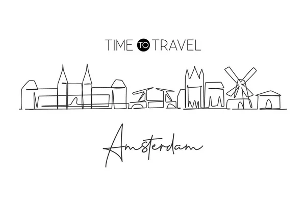 Dibujo Continuo Línea Ciudad Amsterdam Skyline Países Bajos Hermoso Rascacielos — Vector de stock