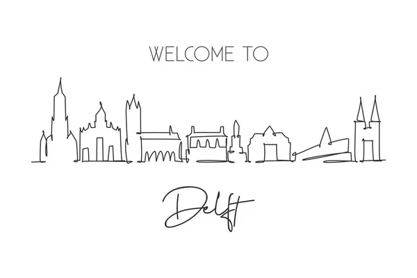 Dibujo Línea Continua Del Horizonte Ciudad Delft Países Bajos Bonita — Vector de stock