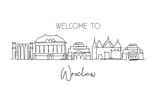 Egy Folyamatos Vonalrajz Wroclaw Városáról Lengyelország Városára Gyönyörű Felhőkarcoló Világ — Stock Vector