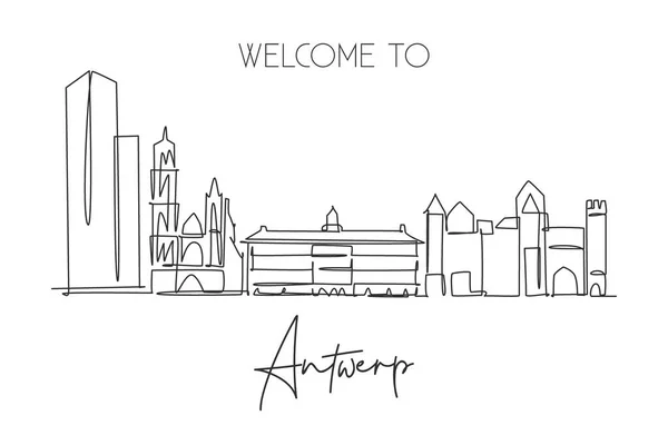 Single Continuous Line Drawing Antwerp City Skyline Belgium Famous Skyscraper — Stock Vector