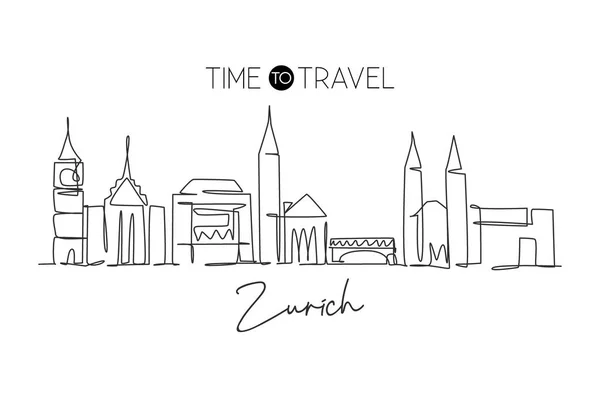 Single Continuous Line Drawing Zurich City Skyline Switzerland Famous Skyscraper — Stock Vector