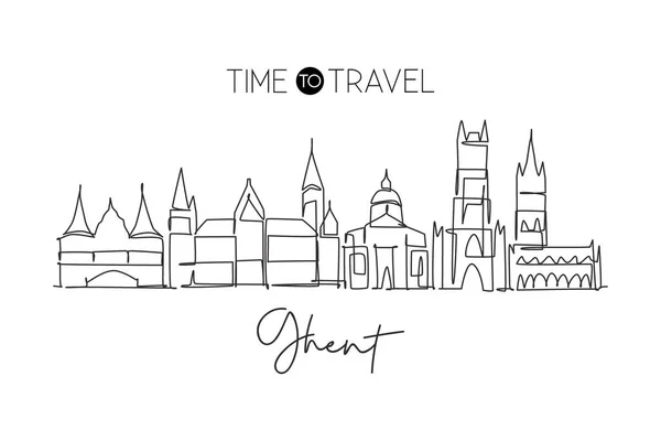 比利时根特市天际线的一条线 漂亮的摩天大楼 世界风景旅游墙面装饰招贴画印刷品艺术理念 时尚的单行绘图设计矢量插图 — 图库矢量图片