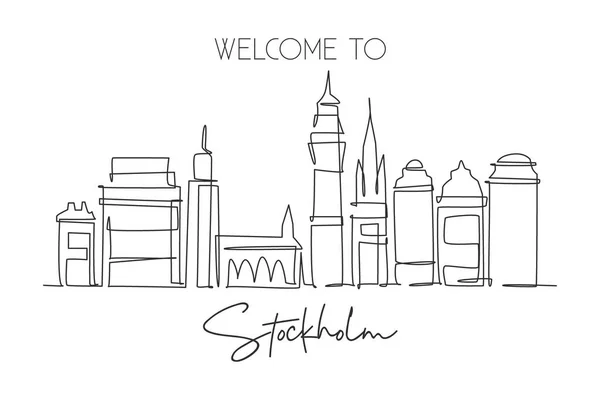 Dibujo Línea Continua Del Horizonte Ciudad Estocolmo Suecia Hermoso Punto — Vector de stock