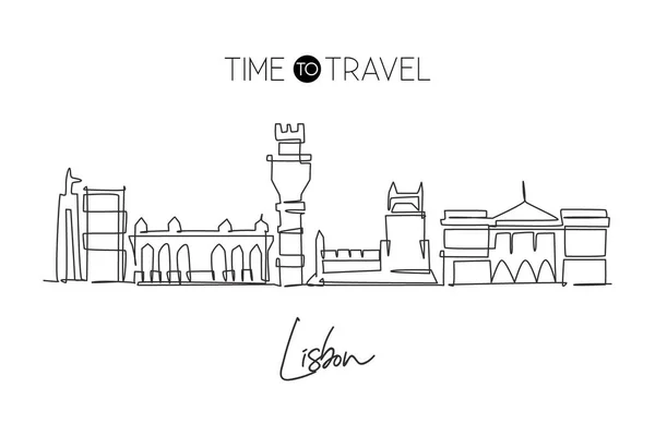 葡萄牙里斯本市天际线的单张连续线条图 著名的城市刮板景观 世界旅行家居装饰的概念 可编辑笔划现代单行绘图设计矢量插图 — 图库矢量图片