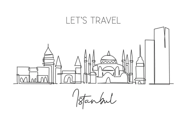 One Single Line Drawing Istanbul City Skyline Turkey Historical Town — Stock Vector