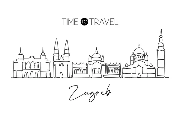 Desenho Linha Contínua Única Cidade Zagreb Skyline Croácia Famosa Paisagem — Vetor de Stock