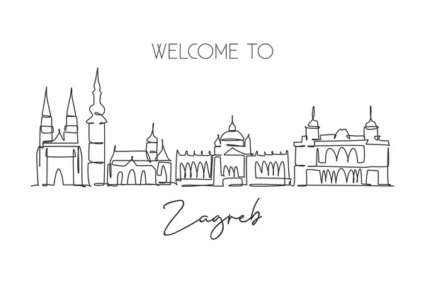 Dibujo Línea Continua Del Horizonte Ciudad Zagreb Croacia Hermoso Punto — Vector de stock