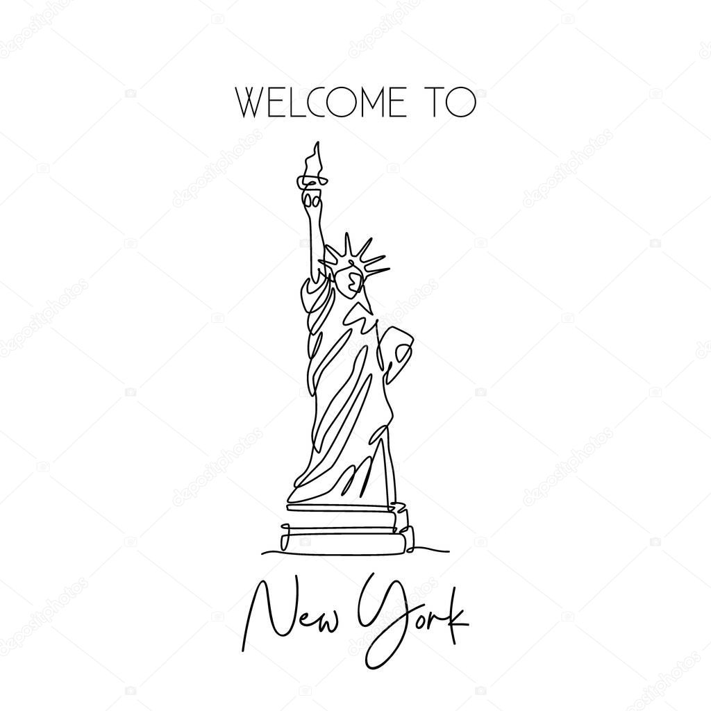 Single continuous line drawing of Liberty Statue. Iconic landmark place in New York City, United States. Home decor wall art poster print concept. Modern one line draw design vector illustration