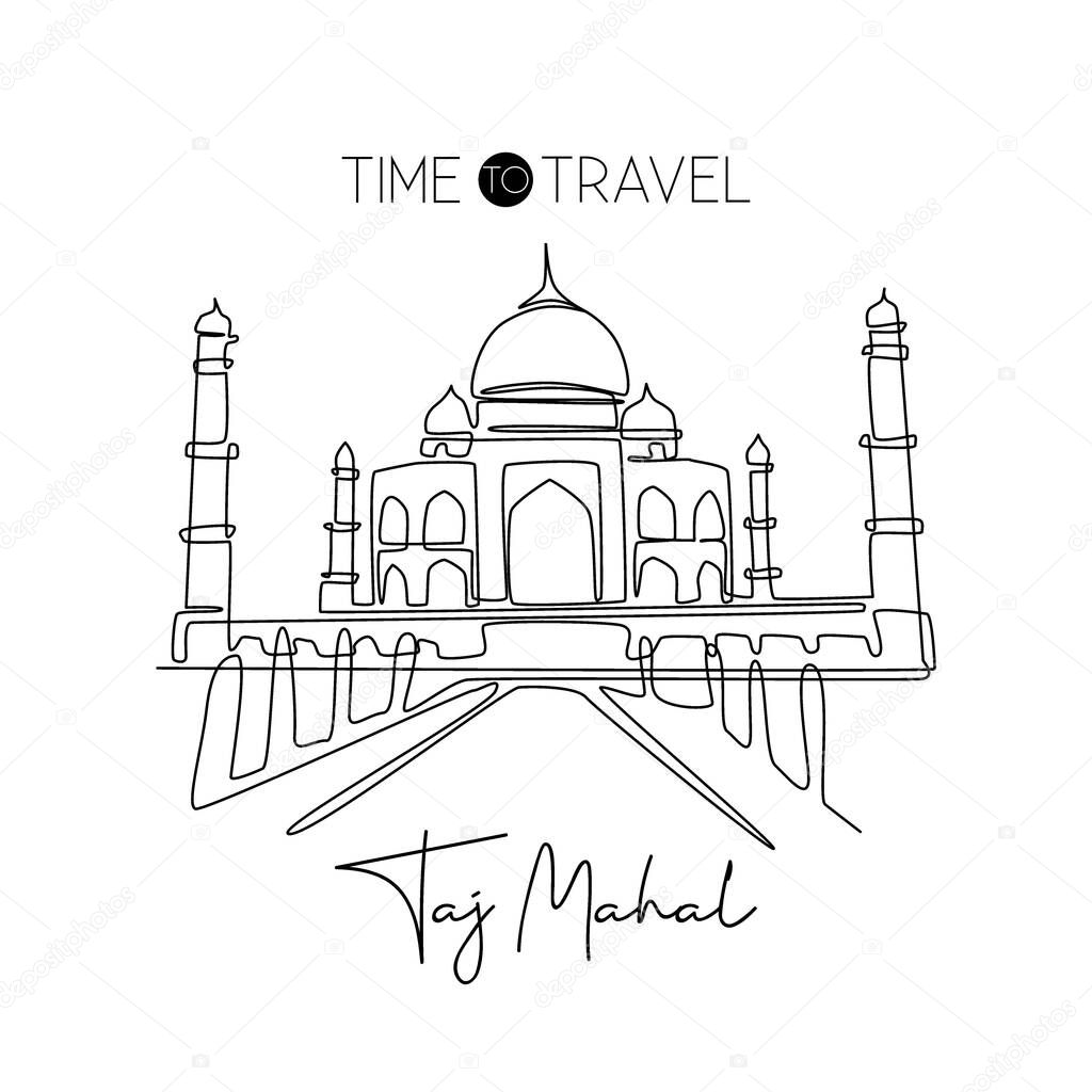 Single continuous line drawing Taj Mahal landmark. Historical beauty iconic place in Agra, India. World travel home decor wall art poster print concept. Modern one line draw design vector illustration