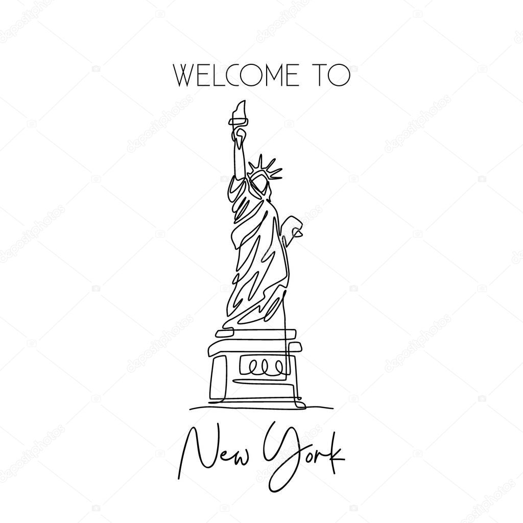 One continuous line drawing to Liberty Statue. Historical iconic place in New York, USA. Holiday vacation home decor wall art poster print concept. Modern single line draw design vector illustration