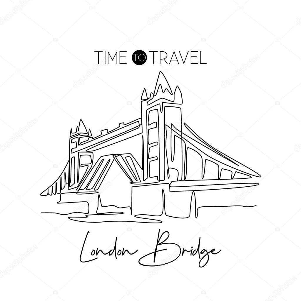 Single one line drawing Tower Bridge landmark. Historical iconic place in London, UK. Tourism and travel postcard home wall decor art concept. Modern continuous line draw design vector illustration