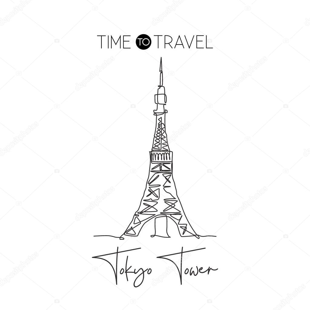Depok, Indonesia - August 1, 2019: One continuous line drawing Tokyo Tower landmark. World iconic place in Tokyo, Japan. Holiday vacation home wall decor art poster print concept. Vector illustration