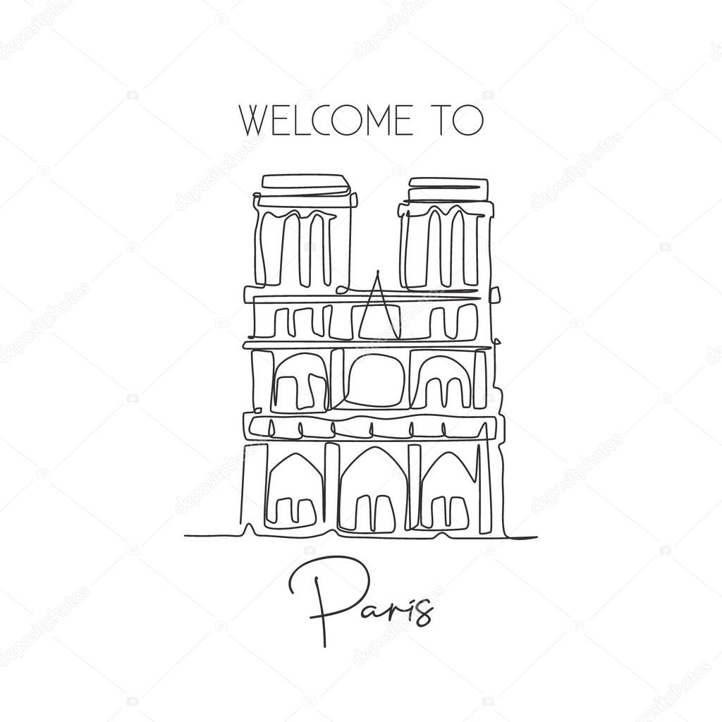 One single line drawing Notre-Dame landmark. World iconic famous place in Paris France. Tourism travel postcard wall home decor poster art print. Modern continuous line draw design vector illustration