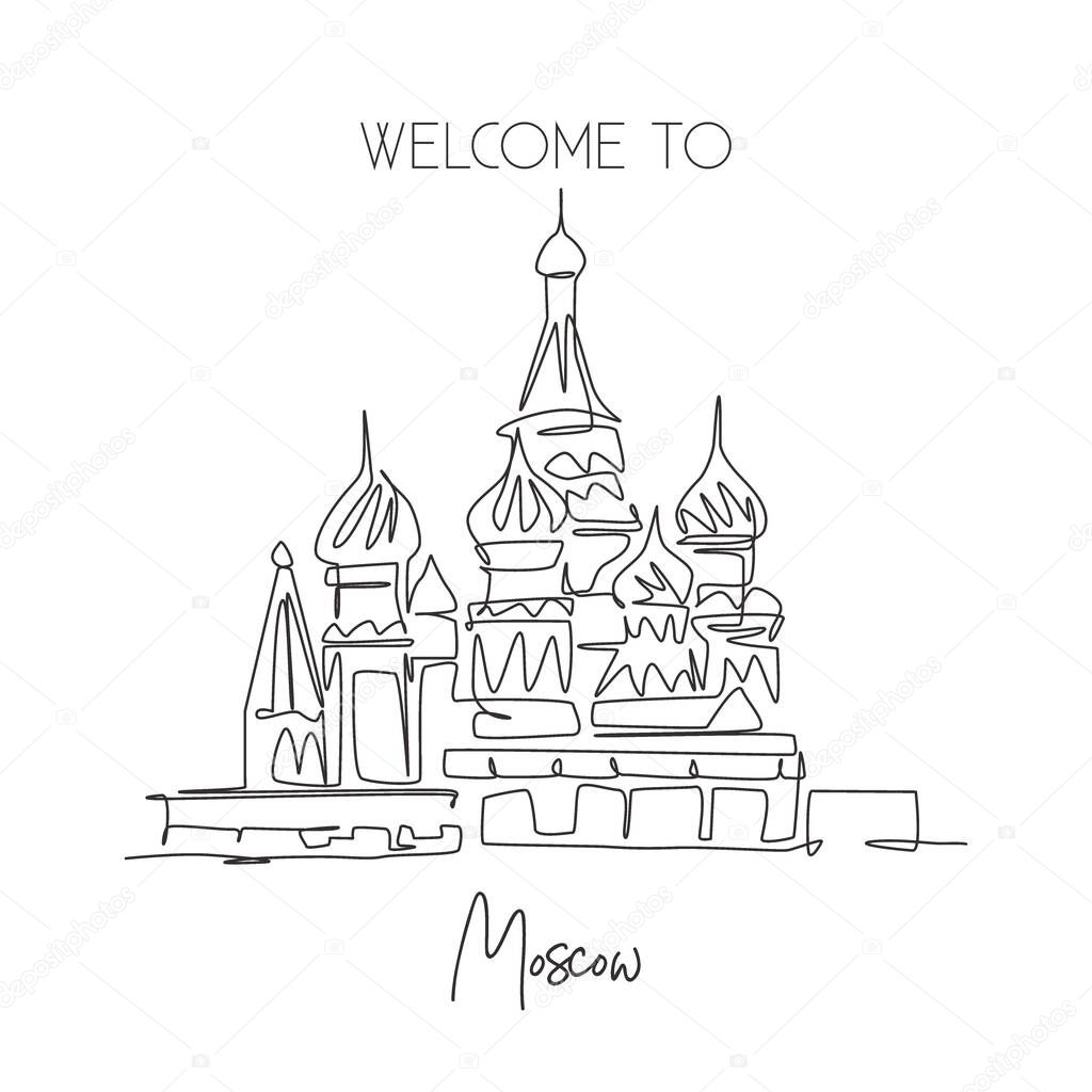 One single line drawing St. Basils landmark. World iconic place in Moscow, Russia. Tourism travel postcard home wall art decor poster concept. Modern continuous line draw design vector illustration