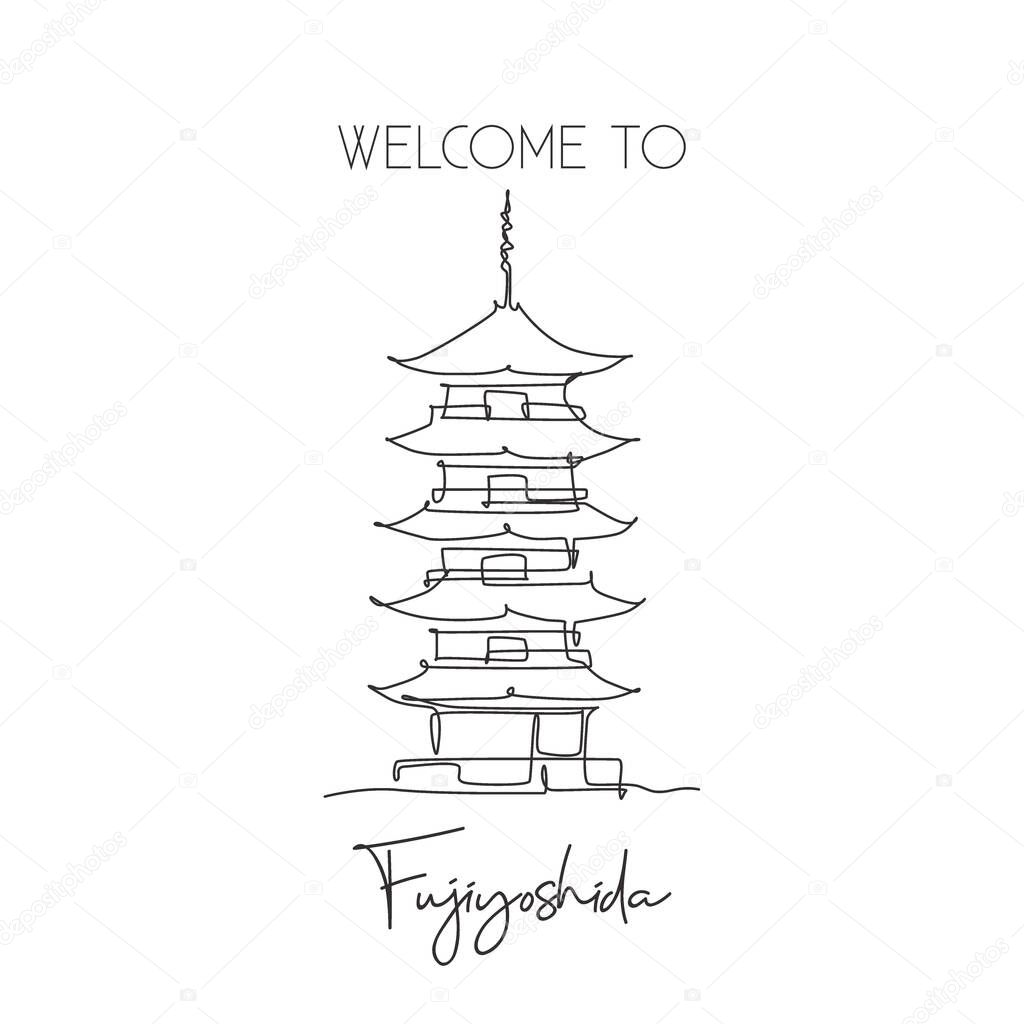 One single line drawing Fuji San Pagoda landmark. World famous place in Fujiyoshida, Japan. Tourism travel postcard home wall decor art concept. Modern continuous line draw design vector illustration