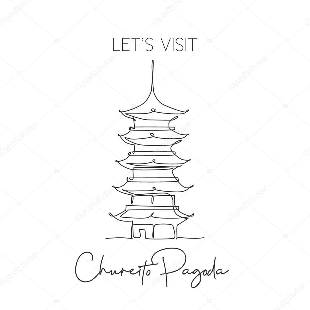 Single continuous line drawing Chureito Pagoda landmark. Beautiful famous place in Fujiyoshida, Japan. World travel tour wall decor poster art concept. Modern one line draw design vector illustration