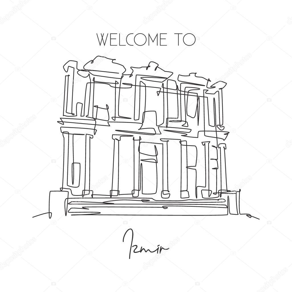 One single line drawing Ephesus Ancient landmark. World famous place in Selcuk Ismir, Turkey. Tourism travel postcard wall decor poster concept. Modern continuous line draw design vector illustration