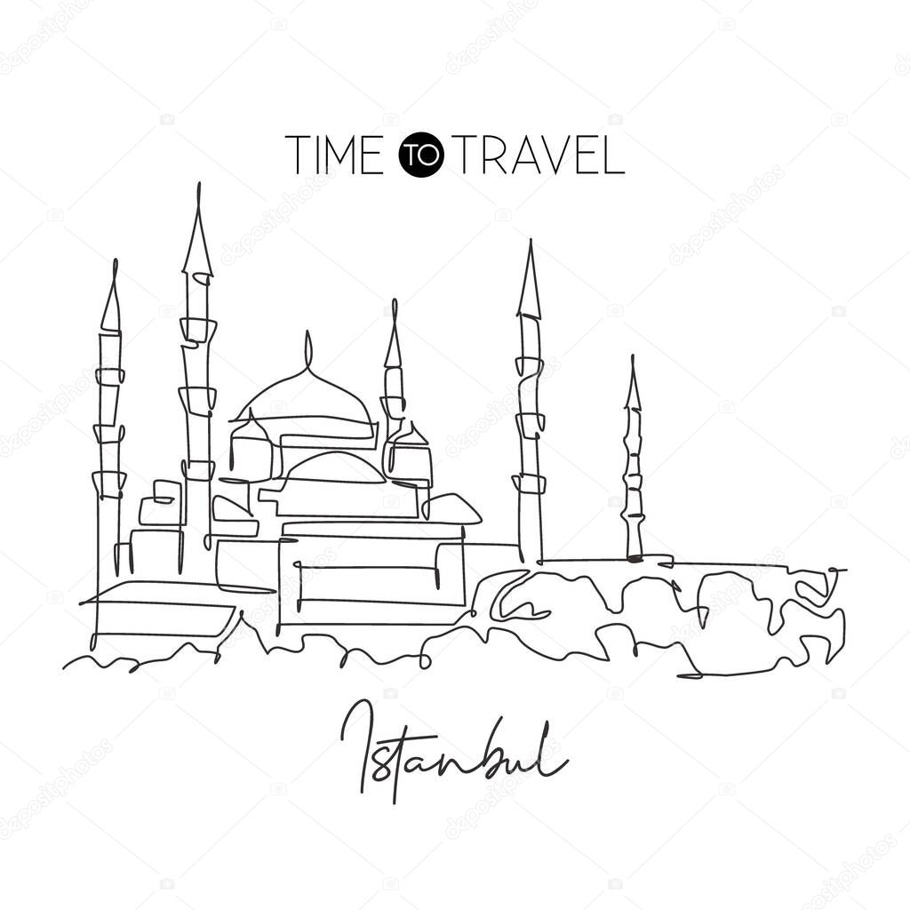 Single continuous line drawing Blue Mosque landmark. Beautiful famous place in Istanbul, Turkey. World travel home art wall decor poster print concept. Modern one line draw design vector illustration